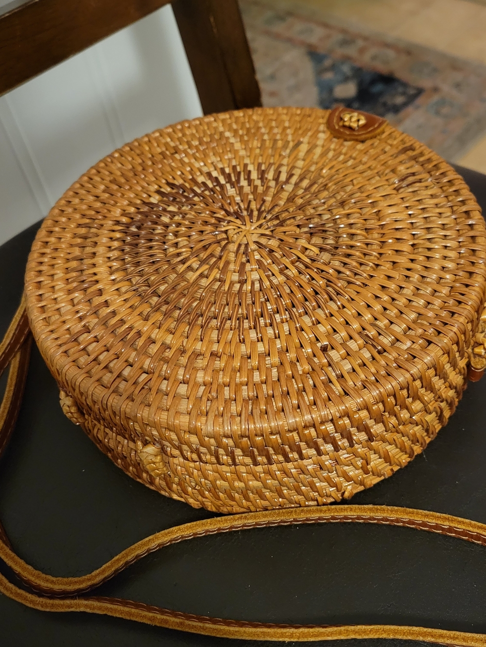 Woven Round Crossbody Bag in Tan/Leather Strap - Picture 3 of 6